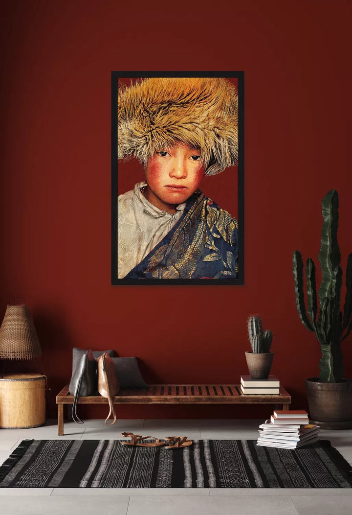 Geweven Wandpaneel Tibetan Boy – Rood – Met Lijst
