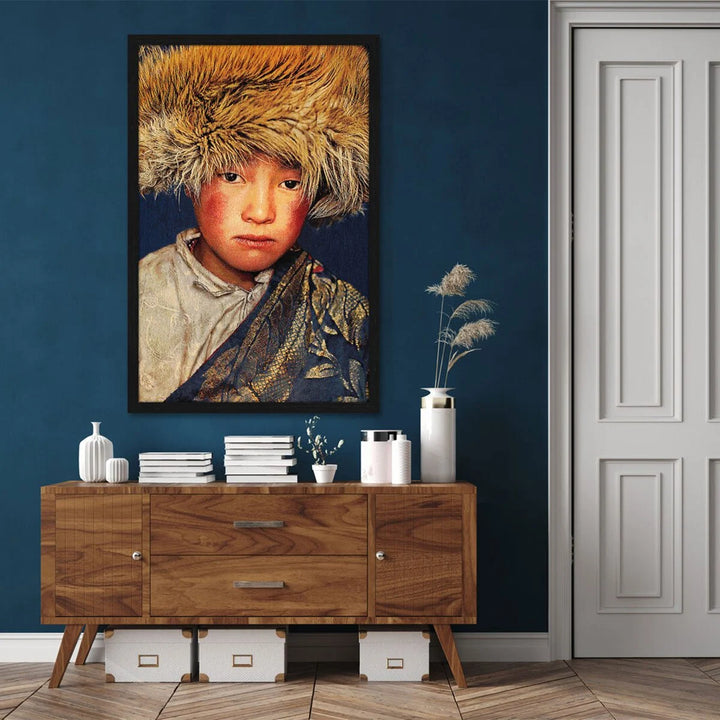 Geweven Wandpaneel Tibetan Boy – Blauw – Met Lijst