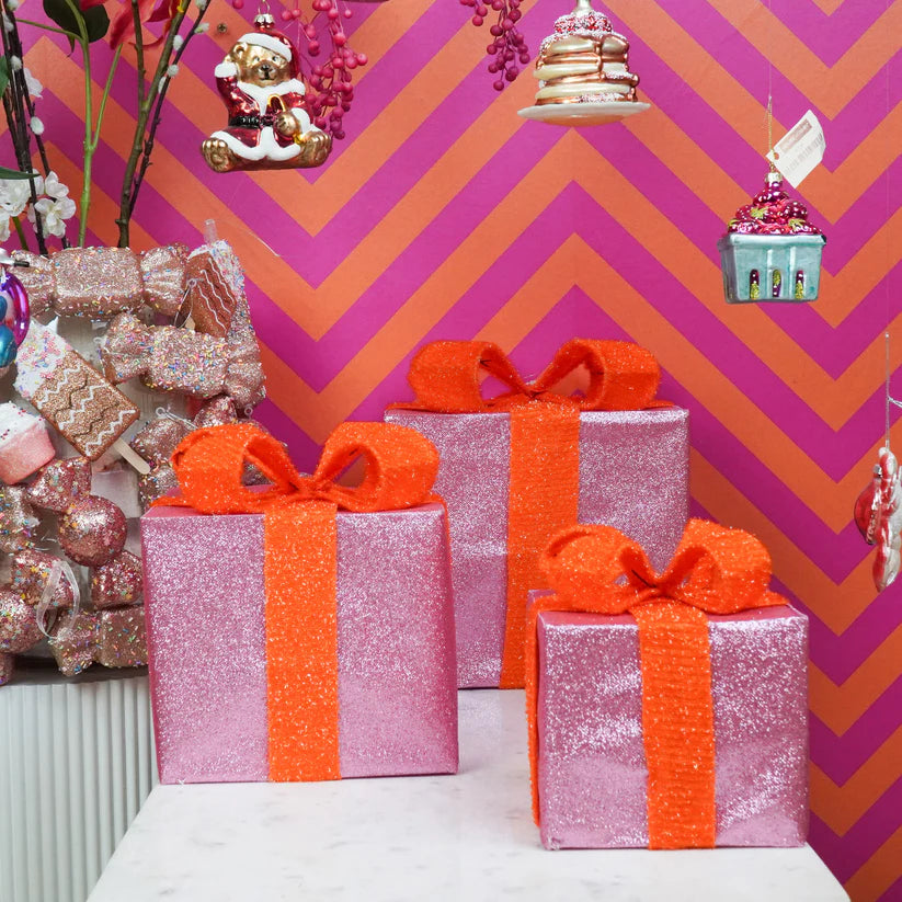 LED Kerst cadeaubox set S3 – Polystyreen – Roze/Oranje – 15/20/25 cm