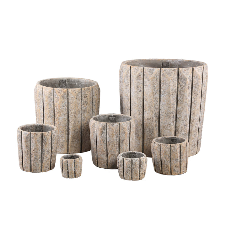 Imani Taupe Cement Pot Round With Lines Big L PTMD
