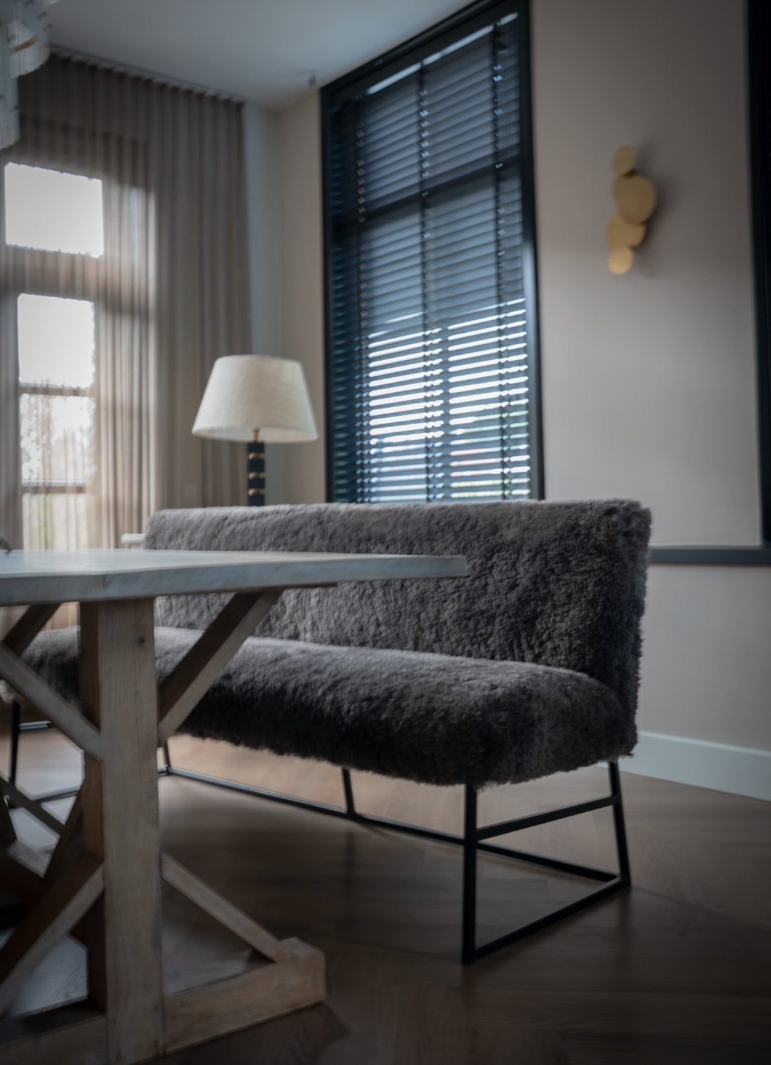 Eetkamerbankje doodle stof bruin