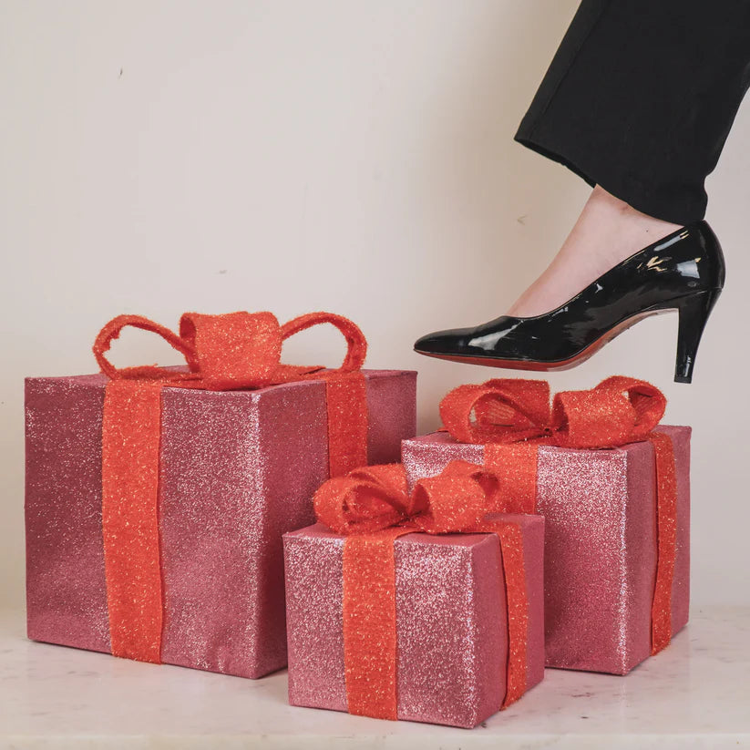 LED Kerst cadeaubox set S3 – Polystyreen – Roze/Oranje – 15/20/25 cm