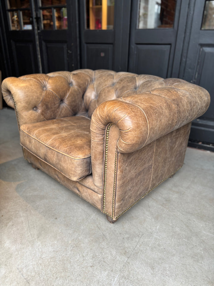 Chesterfield Clubfauteuil Cognac /Grijs / Taupe kleur Leer