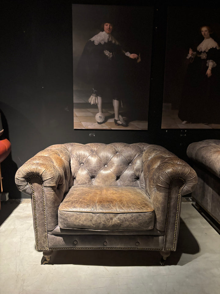 Chesterfield Clubfauteuil Taupe-grijs-bruin Leer Zgan