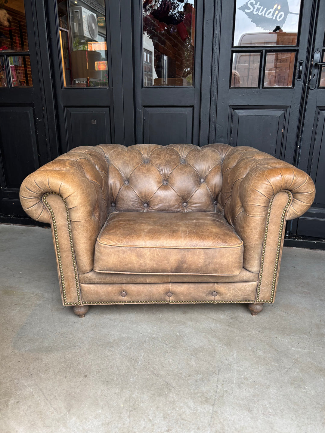 Chesterfield Clubfauteuil Cognac /Grijs / Taupe kleur Leer