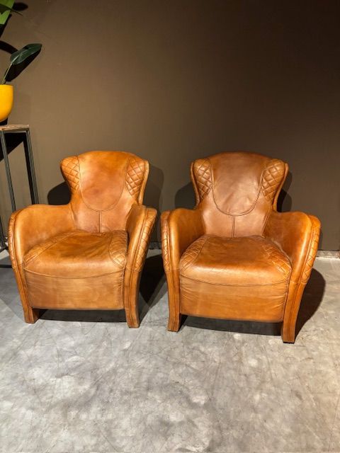 Vintage Stoere Cognac Leren  Saddle Fauteuils
