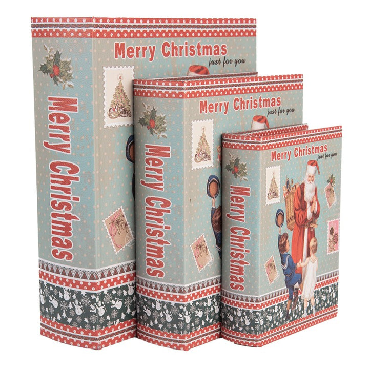 Opbergdoos Set van 3 Boeken 27 /22 /17 cm Blauw Hout Kerstman