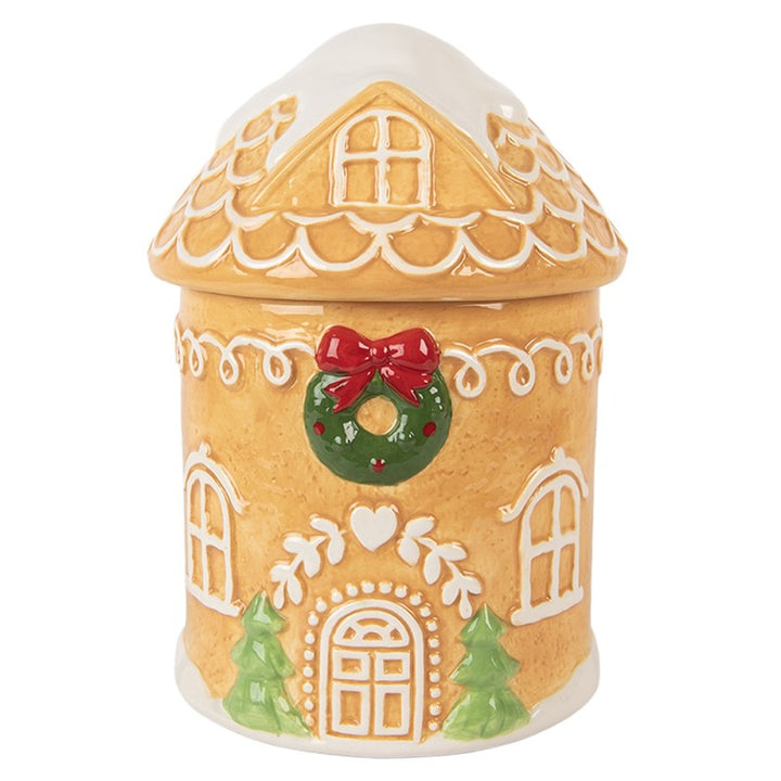 Clayre & Eef Voorraadpot Deksel Gingerbread house Ø 13x17 cm Bruin Keramiek