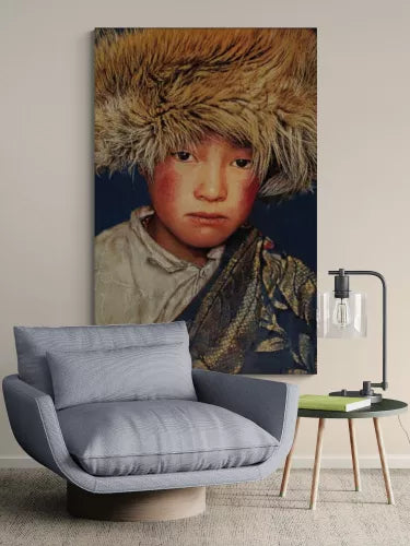 Geweven Wandpaneel Tibetan Boy – Blauw – Zonder lijst