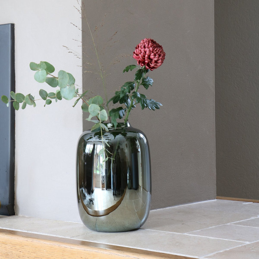 Zilveren glazen vaas – Spiegelend design, mondgeblazen Ø21/Ø25 cm