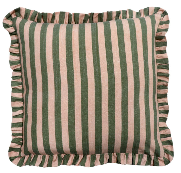 Lente Sierkussen 50x50 – Roze Groen Strepen met Ruches