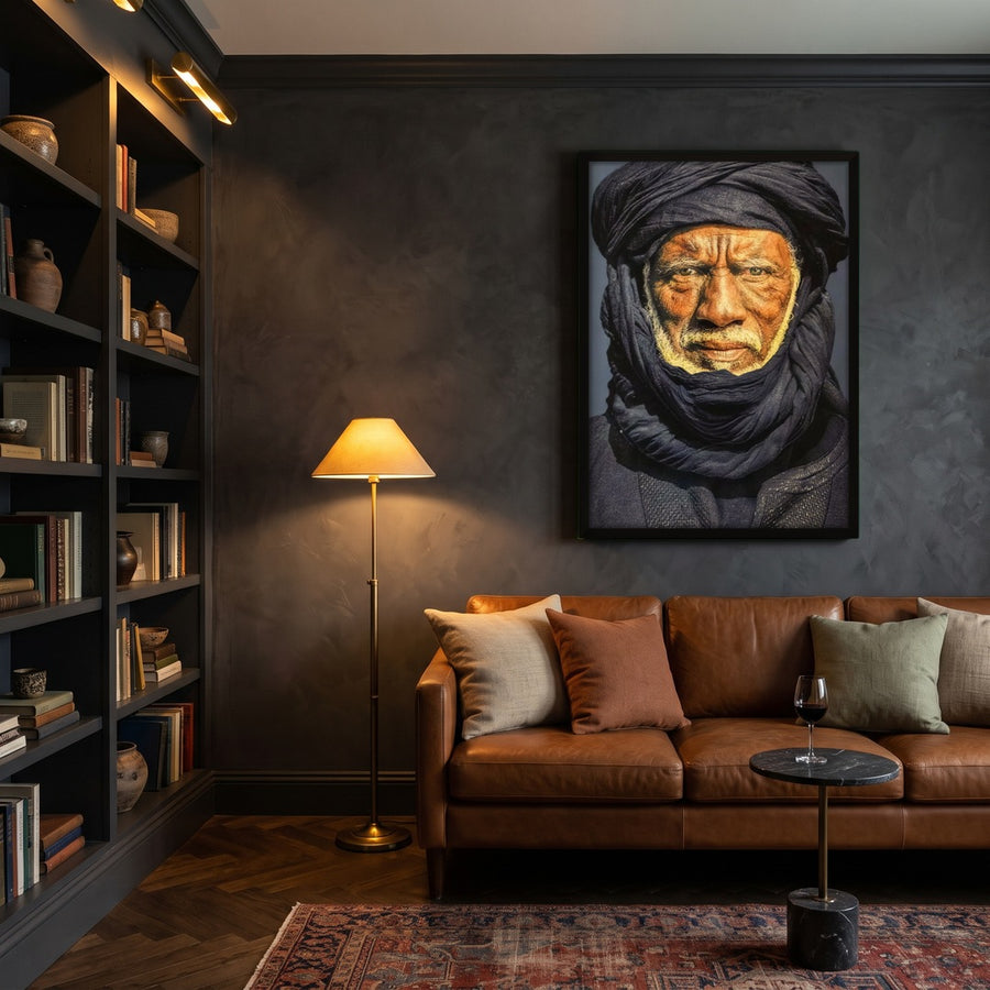 Tuareg man blauw gobelin met zwarte lijst in warme bibliotheek-woonkamer