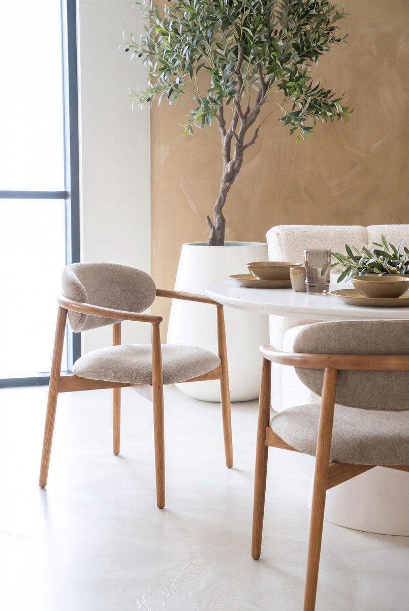 Stoel Roy – essenhout & stof taupe Dune