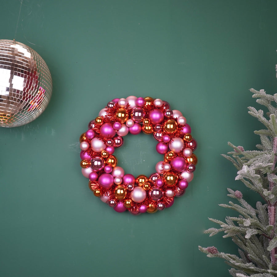 Kerstkrans Kerstballen Roze & Oranje – 34 cm
