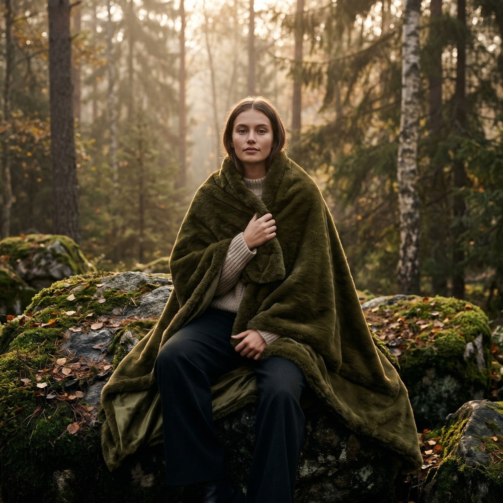 Bontplaid ZIZI groen als omslagdoek in het herfstbos