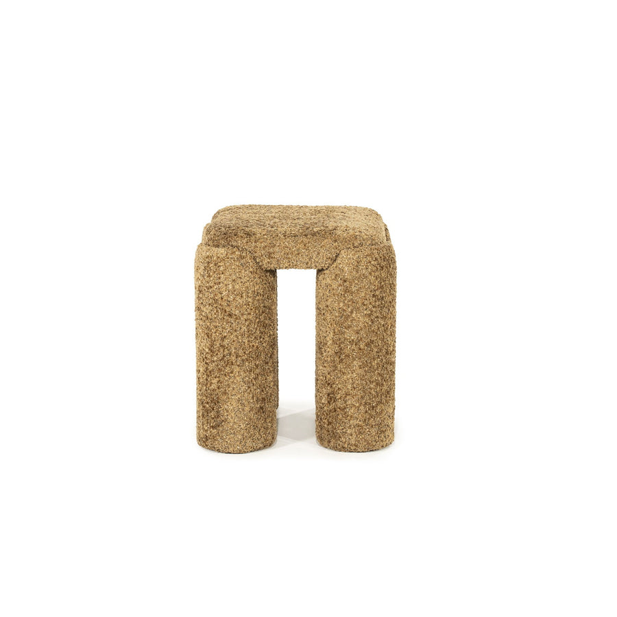 Poef Omla – stof & hout mosterd