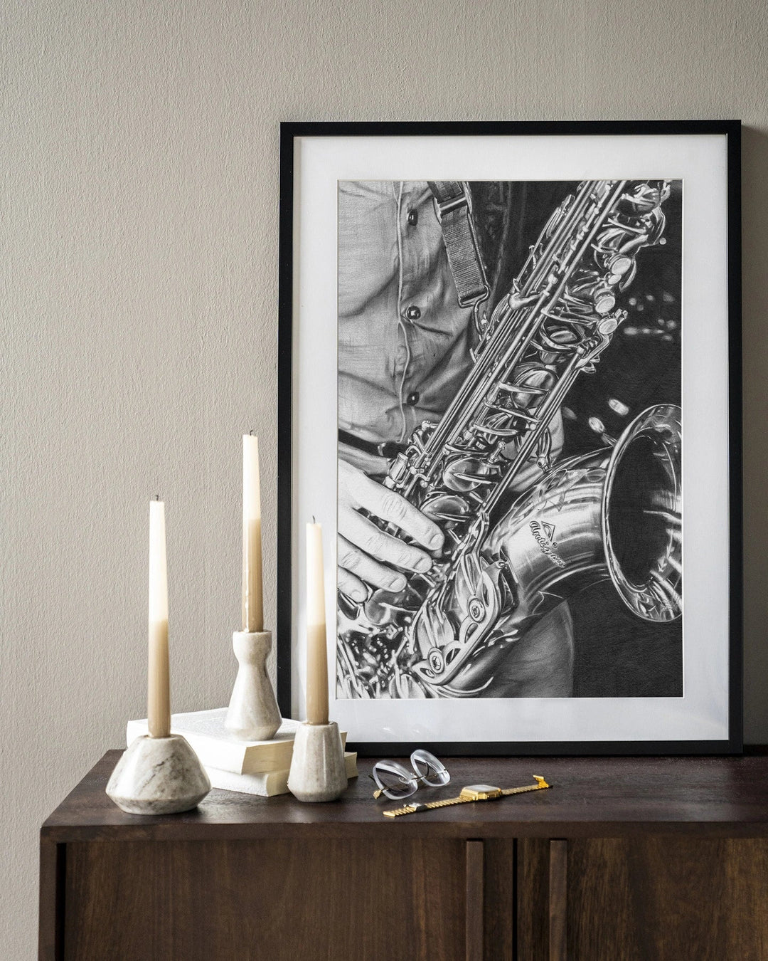 The man with the sax - Moderne Wanddecoratie | Artprint, Glass Art & Wandkleed