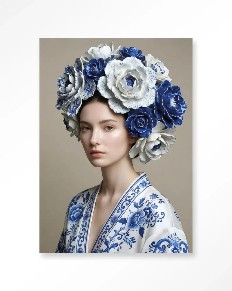 Royal Blue wanddecoratie Urban Cotton portret met Delfts blauwe bloemenkroon