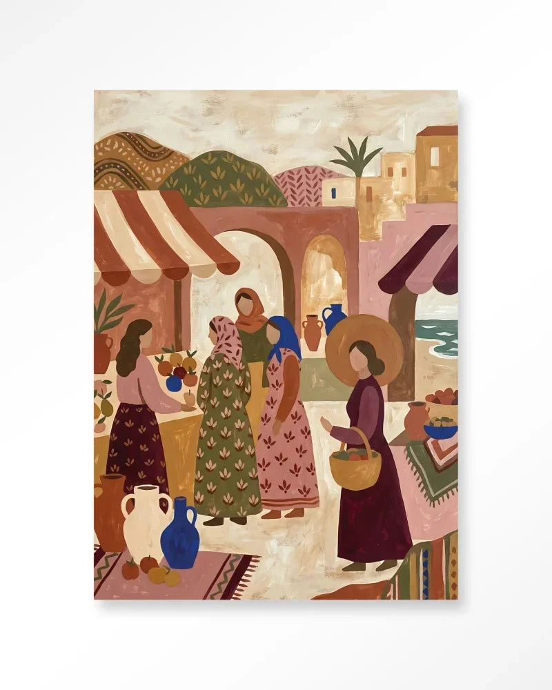 The Market wanddecoratie Urban Cotton kleurrijke illustratie marktplein