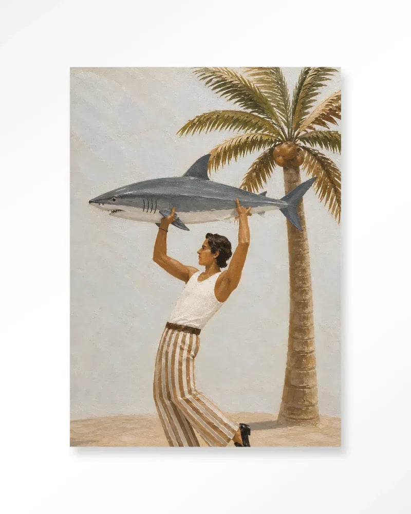 Baby Shark wanddecoratie Urban Cotton man met haai onder palmboom