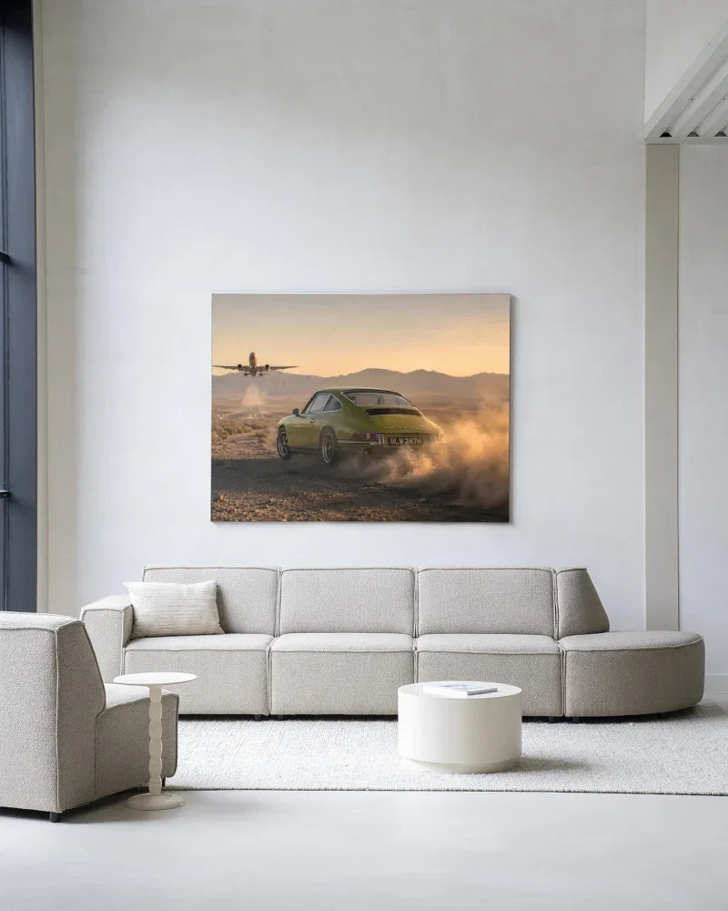 Luxury Car Security wanddecoratie Urban Cotton groene sportwagen met vliegtuig