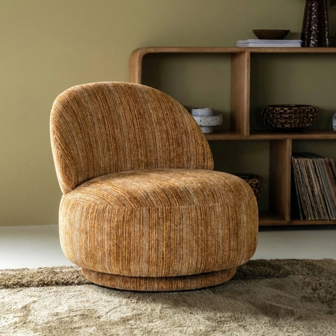 FineLine Fauteuil – Mustard & Bruin | Design Stoel in Stof Rayas