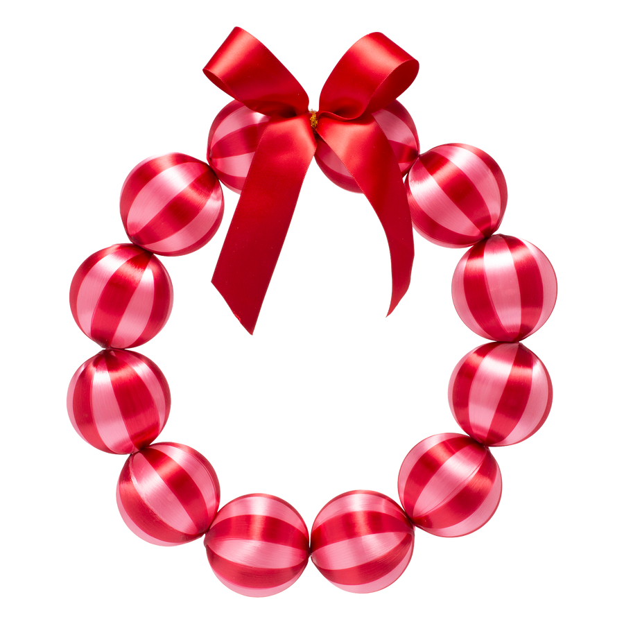 Kerstballenkrans rood lichtroze met rode strik Vondels 2