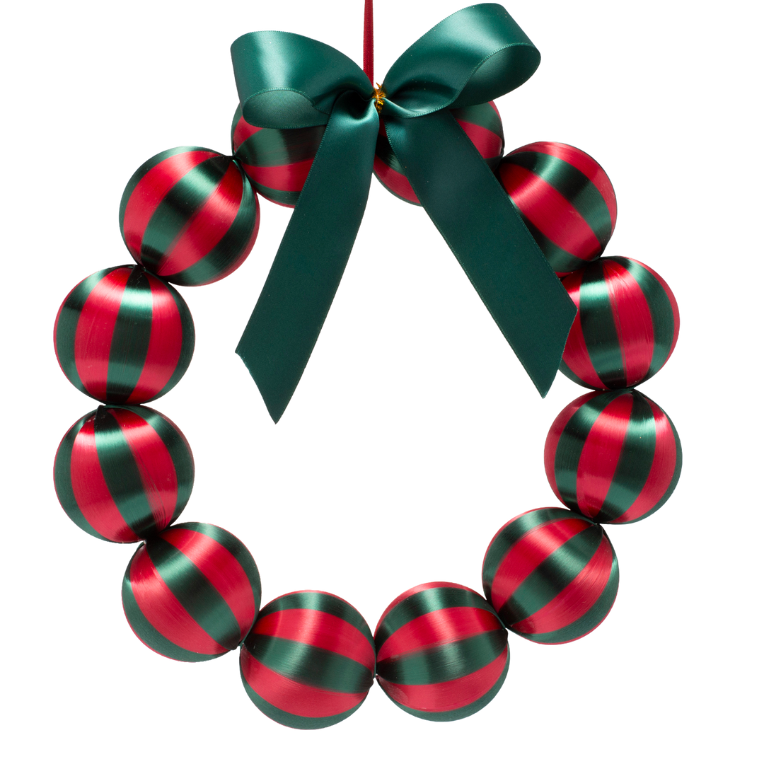 Kerstballenkrans groen/rood 35,5 cm met groene satijnen strik