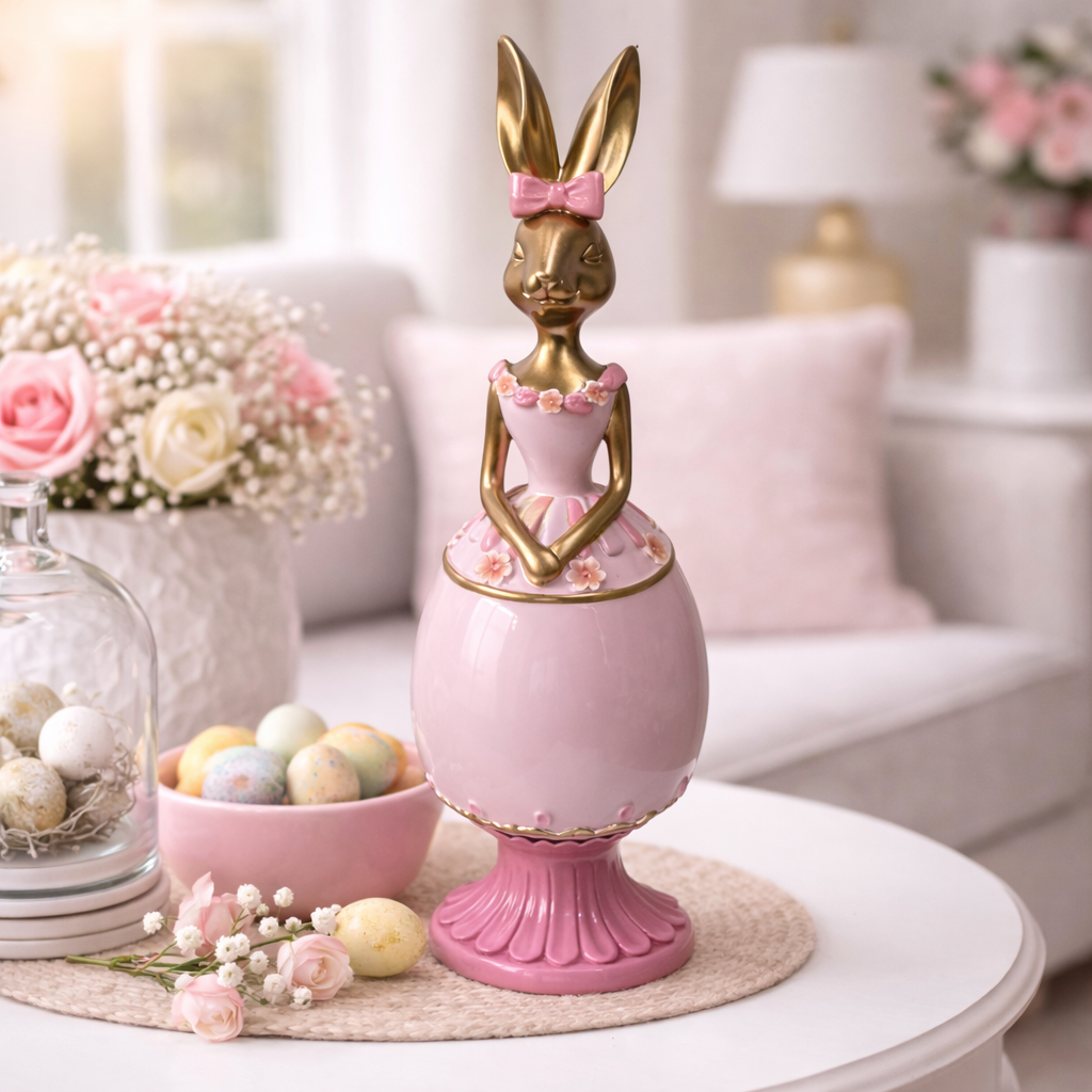Paas Haas Ei Goud/Roze met Strik – 33,5 cm
