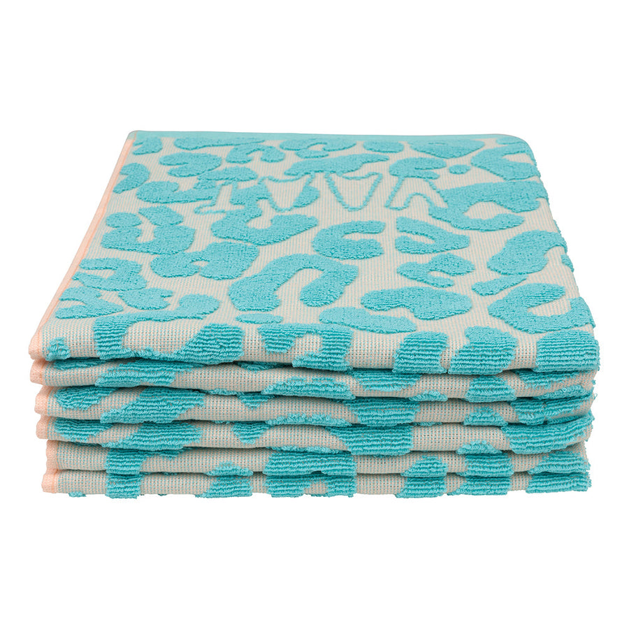 Keukenhanddoeken met luipaardpatroon turquoise en soft pink set van 6