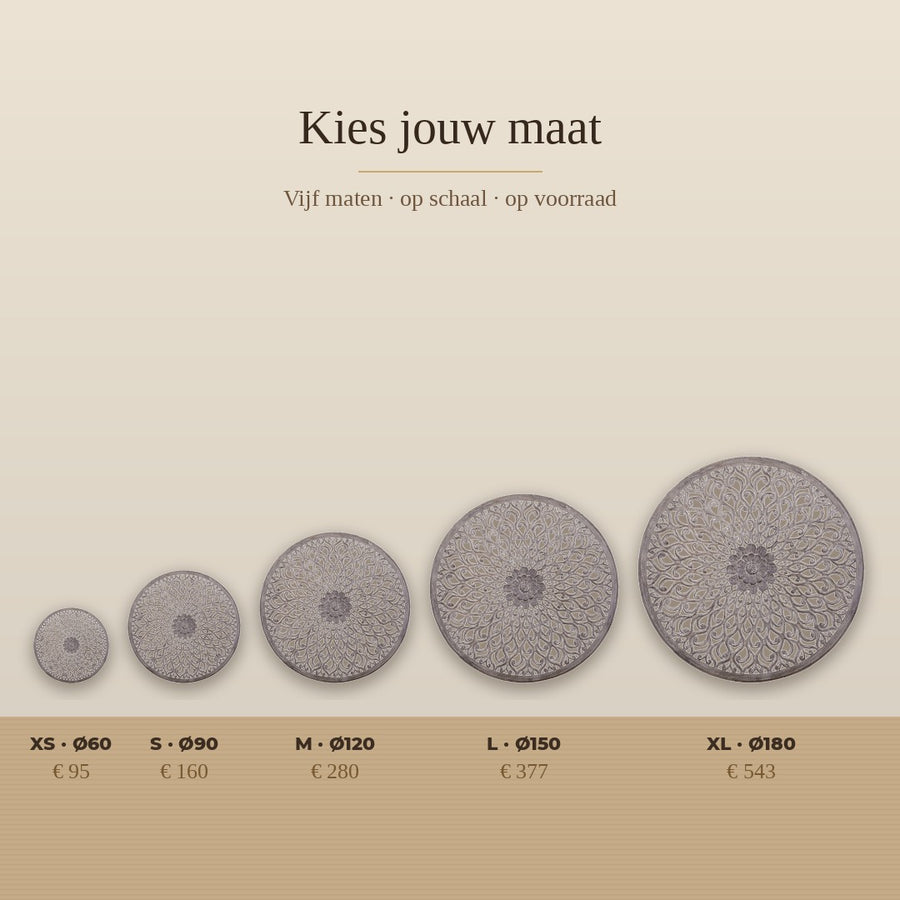 Maatoverzicht Vane wandpaneel op schaal – XS Ø60, S Ø90, M Ø120, L Ø150, XL Ø180 cm met prijzen