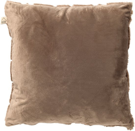 Achterzijde van de taupe kussenhoes in egaal fluweel