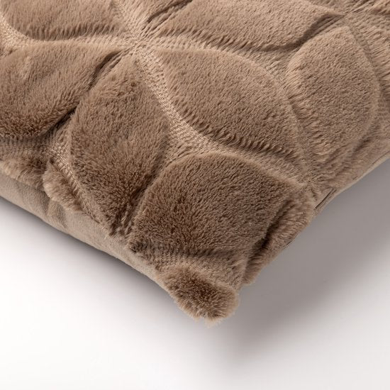 Sierkussen 45x45 cm bontlook gewatteerd bloemmotief taupe