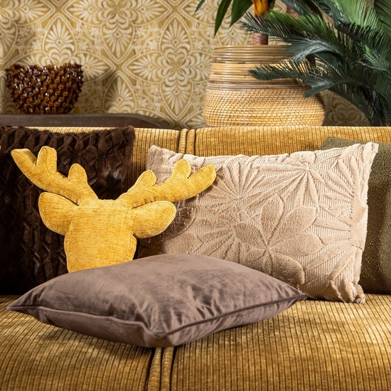 Sierkussen 40x60 cm getuft bladmotief beige