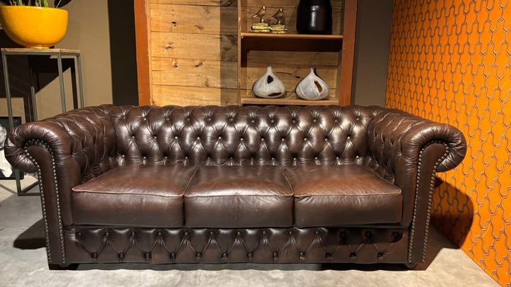 Chesterfield Bank - Bruin gevlamd - 200 cm- GEBRUIKT