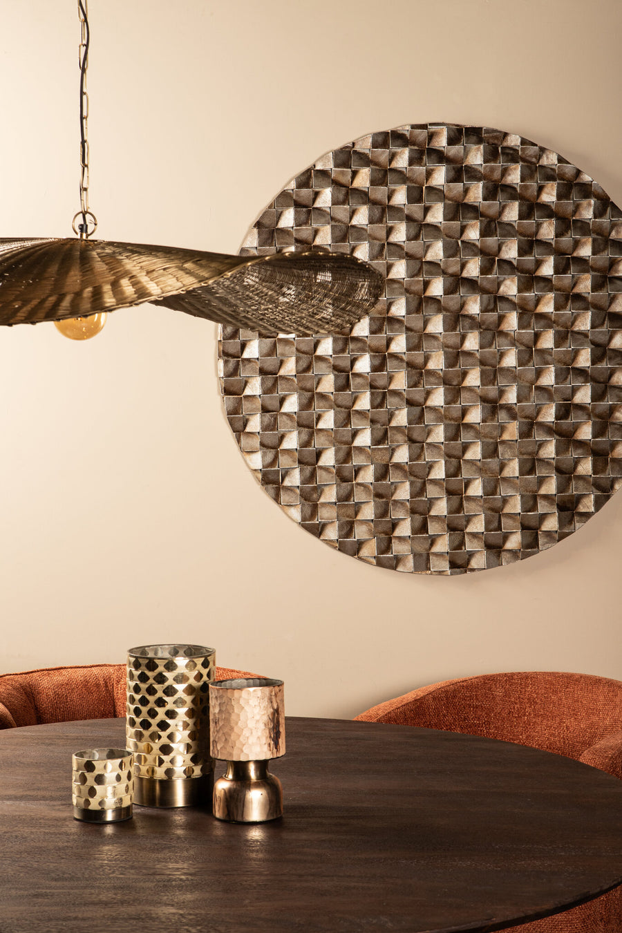 Rond wandpaneel hout 3D kubussen – PTMD Zoaya Bronze