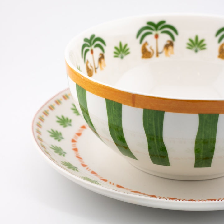 Complete servies set – dinerbord, ontbijtbord, & kom met palm  design