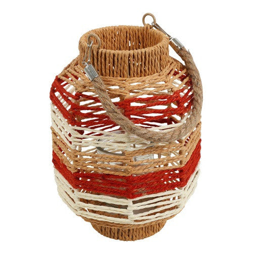 Rotan Windlicht Set (2 Maten) – Tuin Lantaarns met Handvat Bruin/Wit/Rood