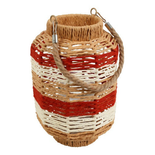 Rotan Windlicht Set (2 Maten) – Tuin Lantaarns met Handvat Bruin/Wit/Rood