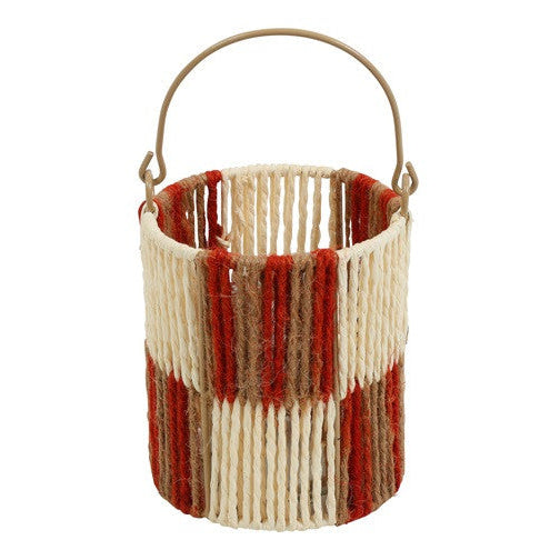 Gevlochten Windlicht Naturel Bruin Rood – Lantaarn met Handvat