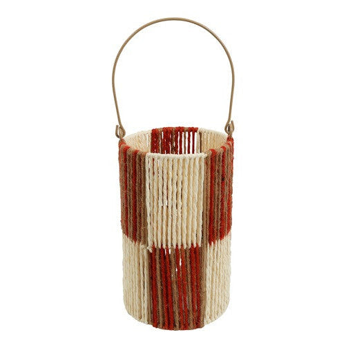 Gevlochten Windlicht Naturel Bruin Rood – Lantaarn met Handvat