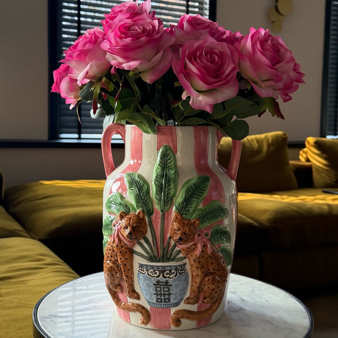 Grote Decoratieve Vaas met 24 Kunstrozen – Pink Leopard