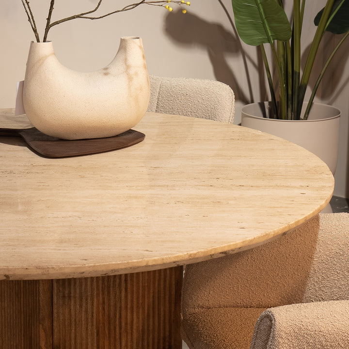 Eettafel Sara – mangohout & travertin beige
