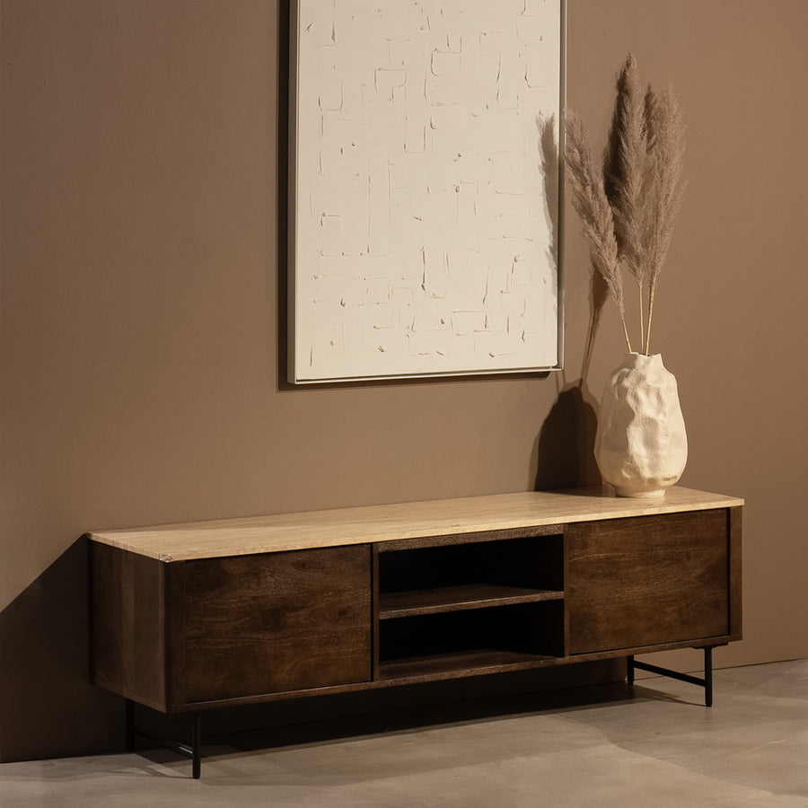 TV meubel Lio – mangohout & travertin beige 2 deuren 170cm