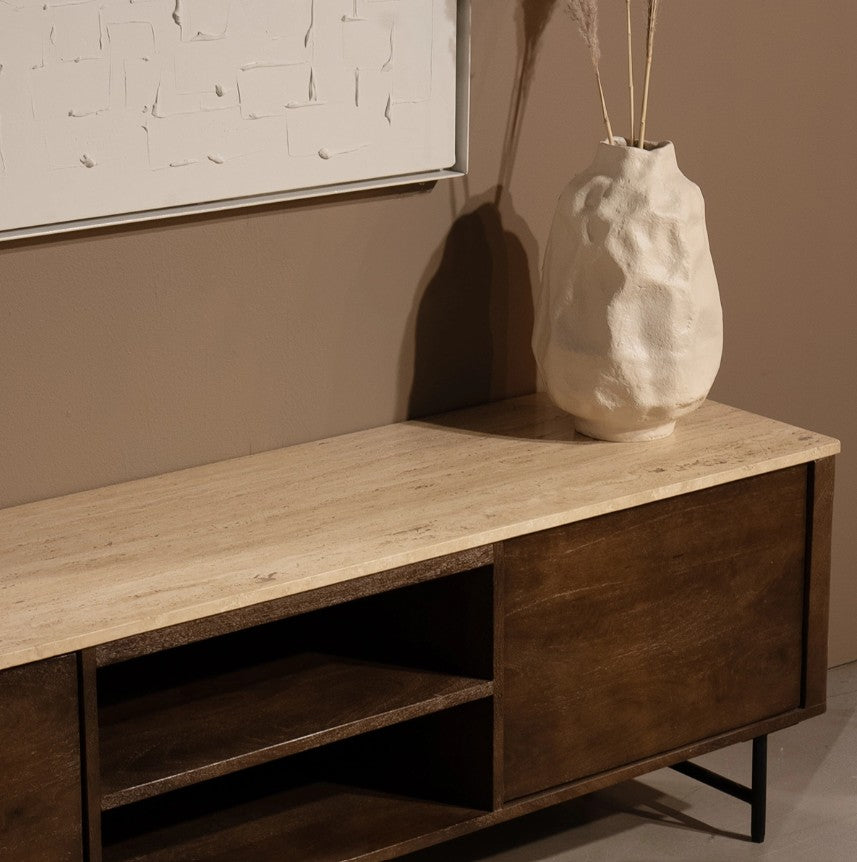 TV meubel Lio – mangohout & travertin beige 2 deuren 170cm
