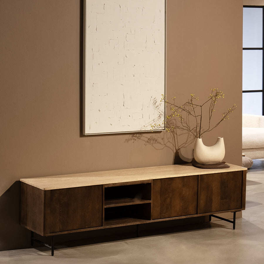 TV meubel Lio – mangohout & travertin beige 3 deuren 200cm