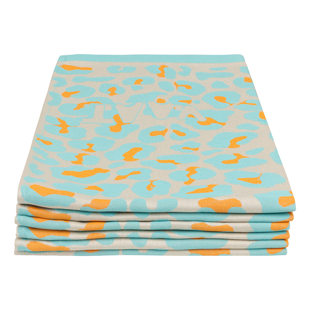 Theedoeken luipaard turquoise oranje set van 6