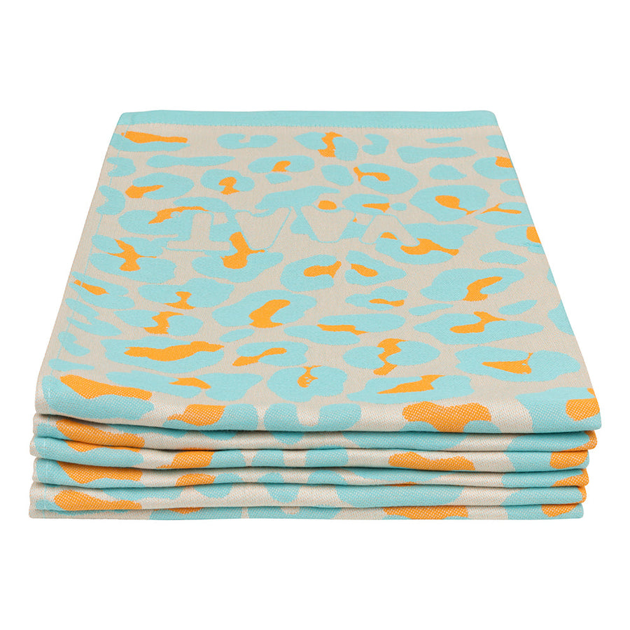 Theedoeken luipaard turquoise oranje set van 6