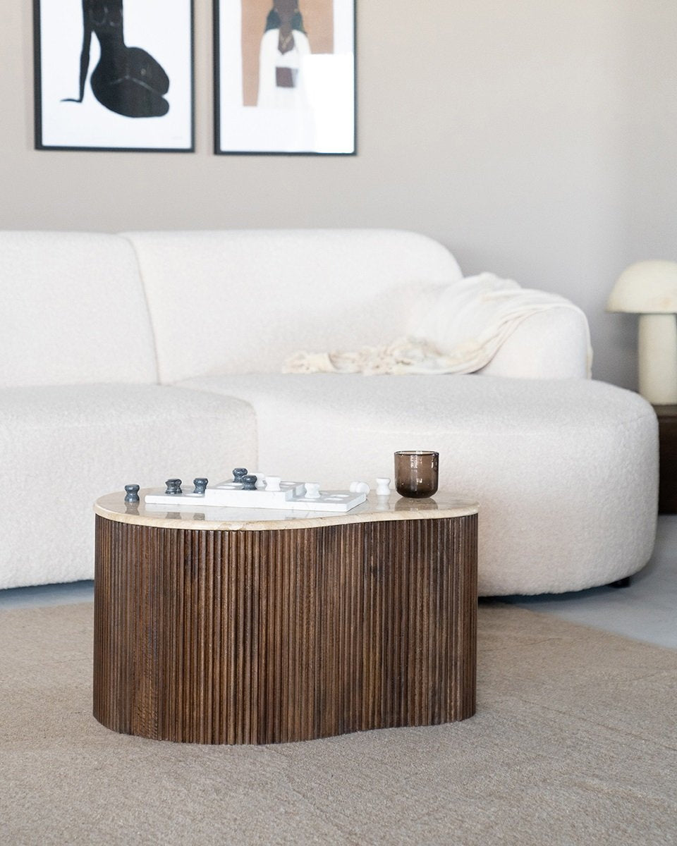Salontafel Mari – mangohout & travertin bruin 70x47x38cm