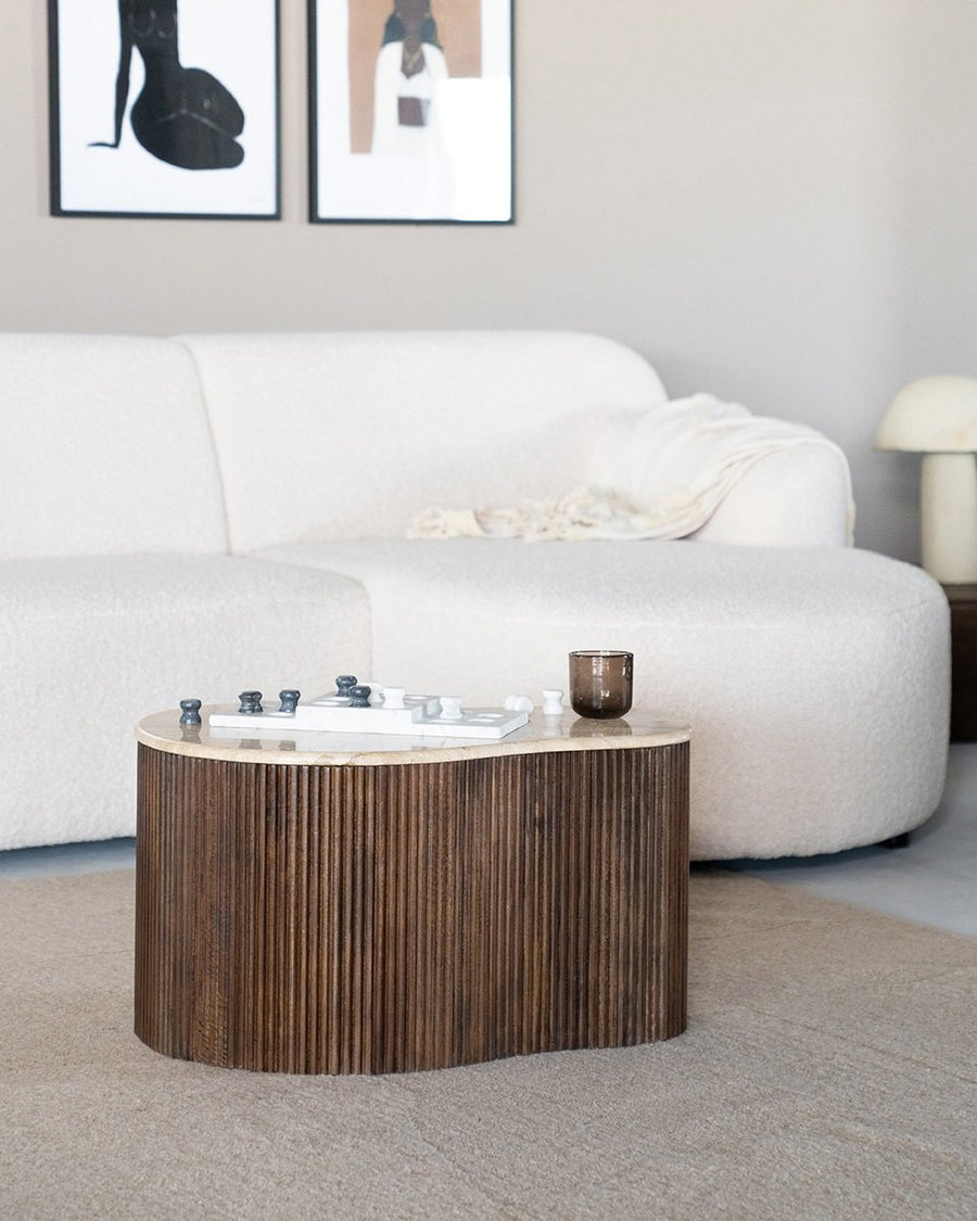 Salontafel Mari – mangohout & travertin bruin 70x47x38cm